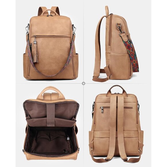 Women Camel Brown Retro Style Backpack Designer 15.6 inch PU Leather Laptop Bag - Picture 9 of 9